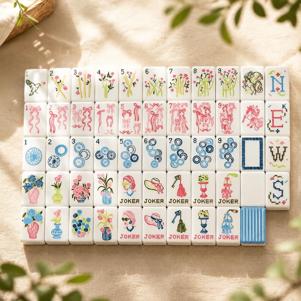 American Mahjong Game Set Blue and White Floral Design for Home and Travel Games 160 Piece Three Layer Acrylic Set with Bag
