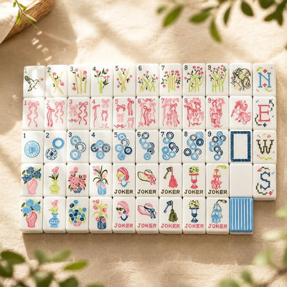 American Mahjong Game Set Blue and White Floral Design for Home and Travel Games 160 Piece Three Layer Acrylic Set with Bag
