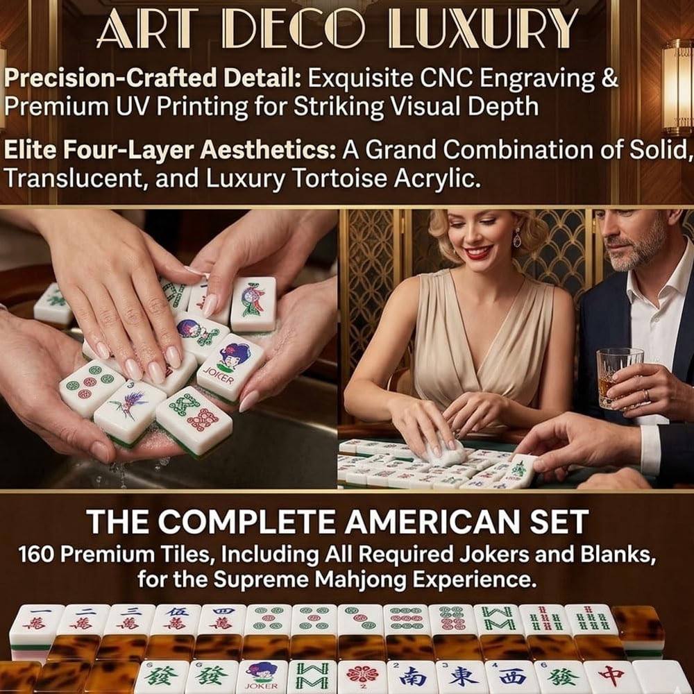 American Mahjong Game Set Colorful Four Layer Design for Family and Travel Games 160 Piece Acrylic Set with Bag Dice and Mat