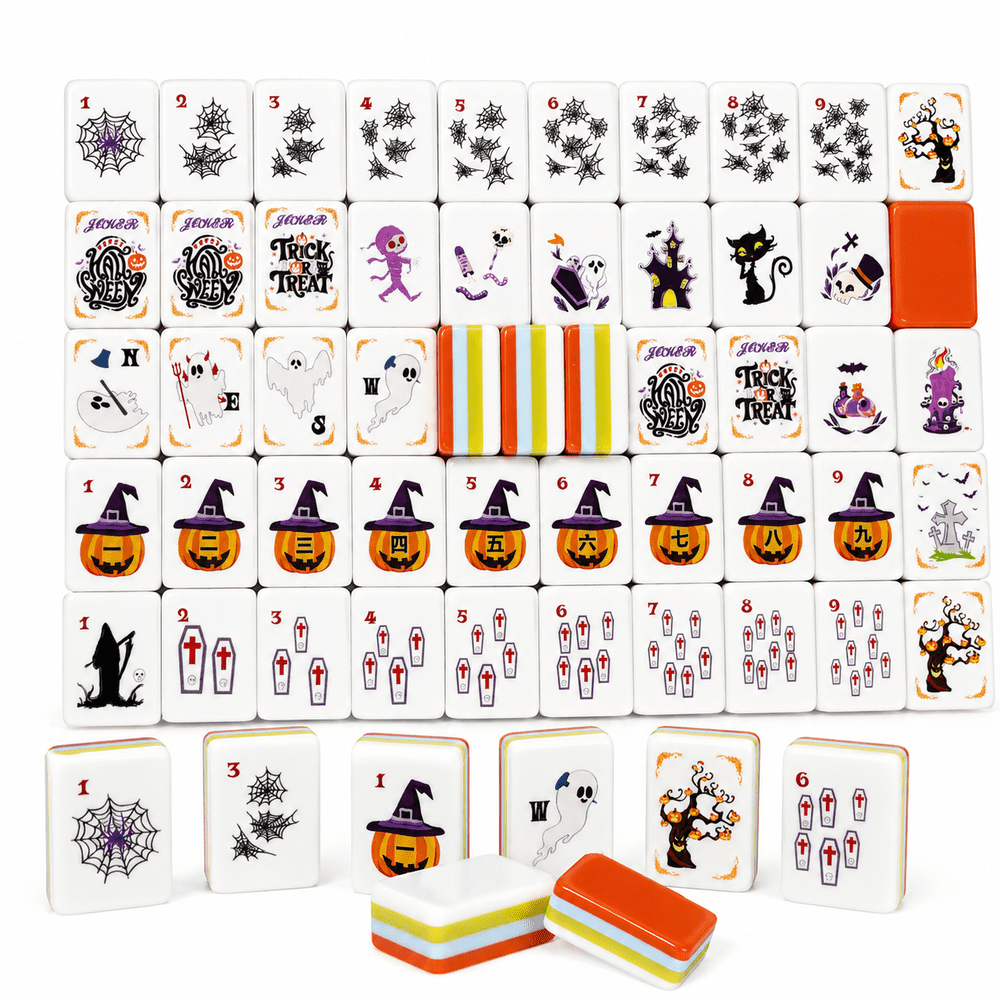 American Mahjong Tile Set Spooky Halloween Design for Family and Party Games 160 Piece Four Layer Acrylic Set