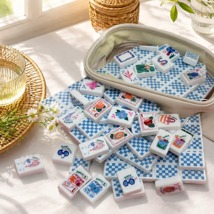 American Mahjong Tile Set Summer Travel Design for Vacations and Game Nights 160 Piece Engraved Acrylic Set with Storage Bag