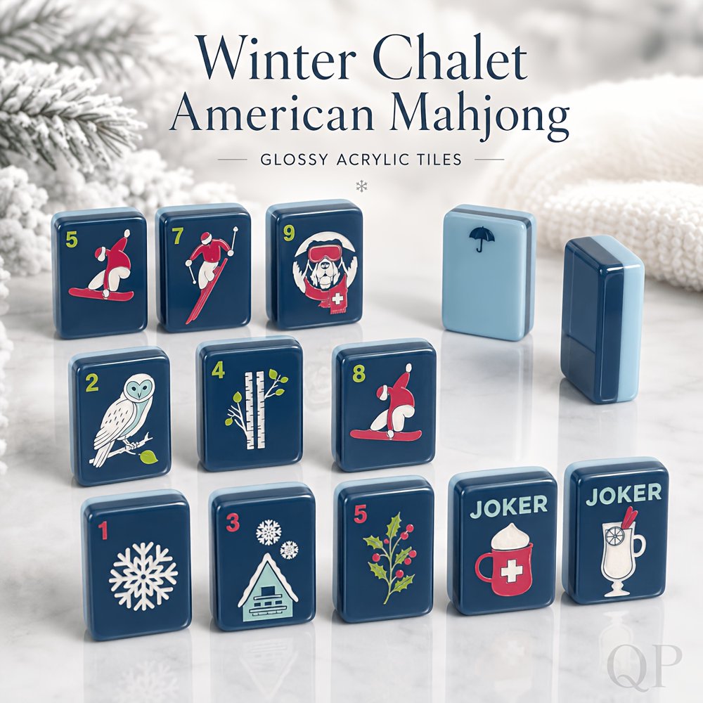 American Mahjong Tile Set Blue Winter Ski Design for Family Game Nights 160 Piece Acrylic Set