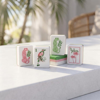 American Mahjong Tile Set Green Botanical Design for Club and Travel Games 160 Piece Engraved Acrylic Set with Storage Bag