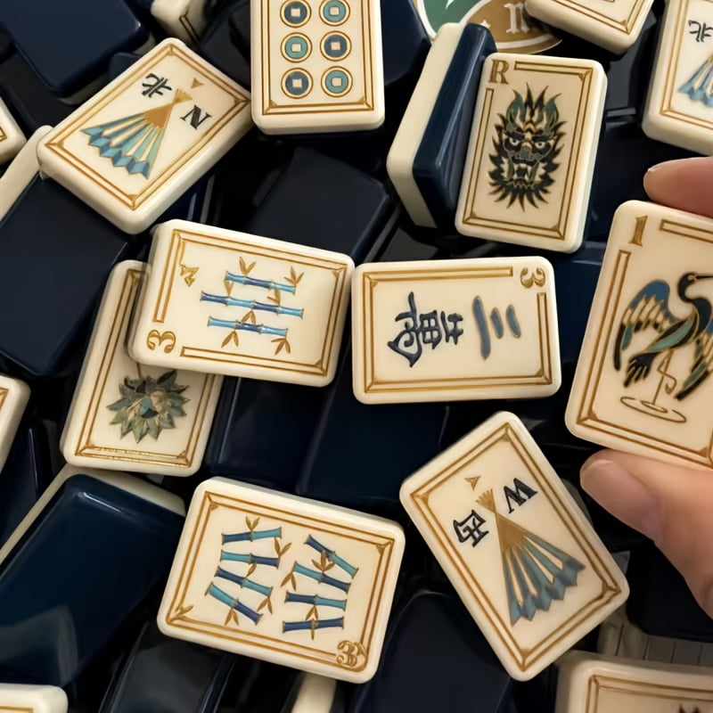 American Mahjong Tile Set Navy and Gold Design for Adult Game Nights 160 Piece Double Layer Engraved Acrylic Set