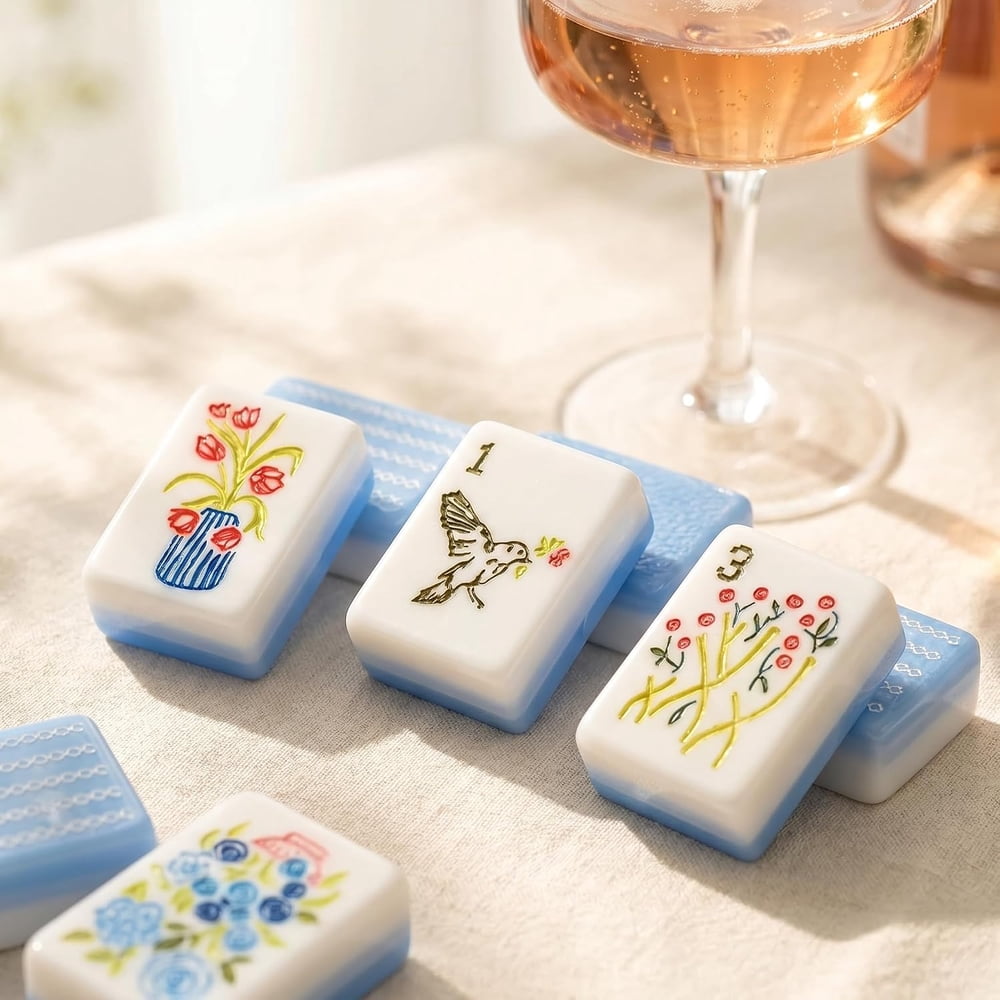 American Mahjong Game Set Blue and White Floral Design for Home and Travel Games 160 Piece Three Layer Acrylic Set with Bag