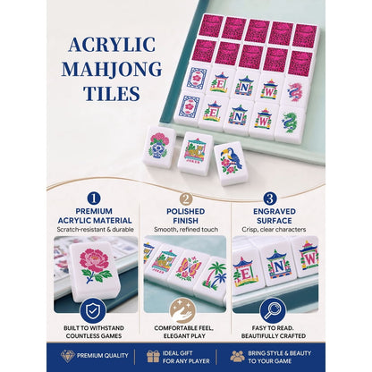 American Mahjong Game Set Pink Leopard and Champagne Design for Club and Family Games 160 Piece Engraved Acrylic Set with Storage Bag and Dice