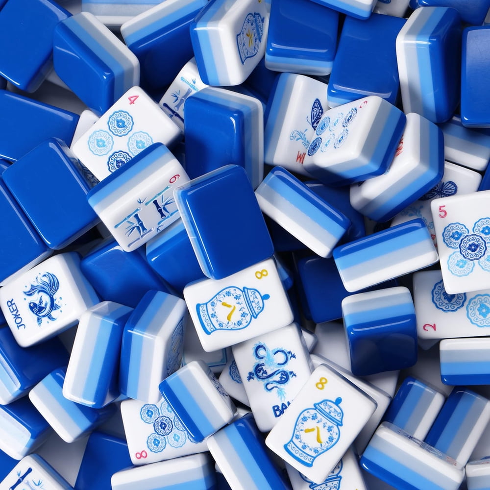 American Mahjong Tile Set Blue Engraved Design for Club and Travel Games 160 Piece Four Layer Acrylic Set with Storage Bag