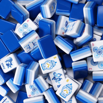 American Mahjong Tile Set Blue Engraved Design for Club and Travel Games 160 Piece Four Layer Acrylic Set with Storage Bag