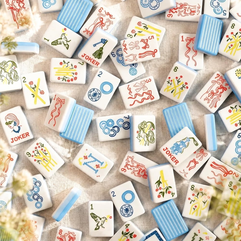 American Mahjong Game Set Blue and White Floral Design for Home and Travel Games 160 Piece Three Layer Acrylic Set with Bag