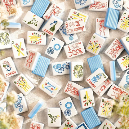 American Mahjong Game Set Blue and White Floral Design for Home and Travel Games 160 Piece Three Layer Acrylic Set with Bag