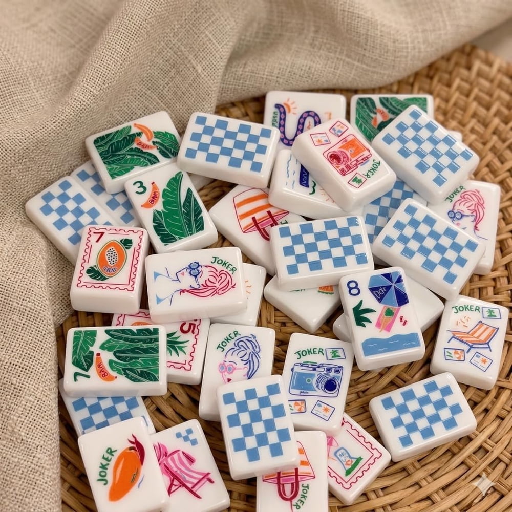 American Mahjong Tile Set Summer Travel Design for Vacations and Game Nights 160 Piece Engraved Acrylic Set with Storage Bag