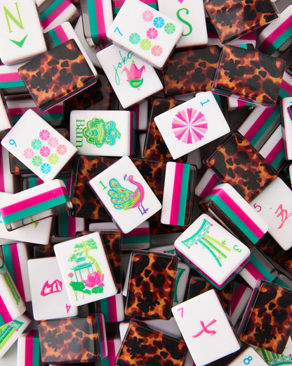 American Mahjong Tile Set Hot Pink Teal and Tortoiseshell Inspired Design for Game Nights 160 Piece Acrylic Set