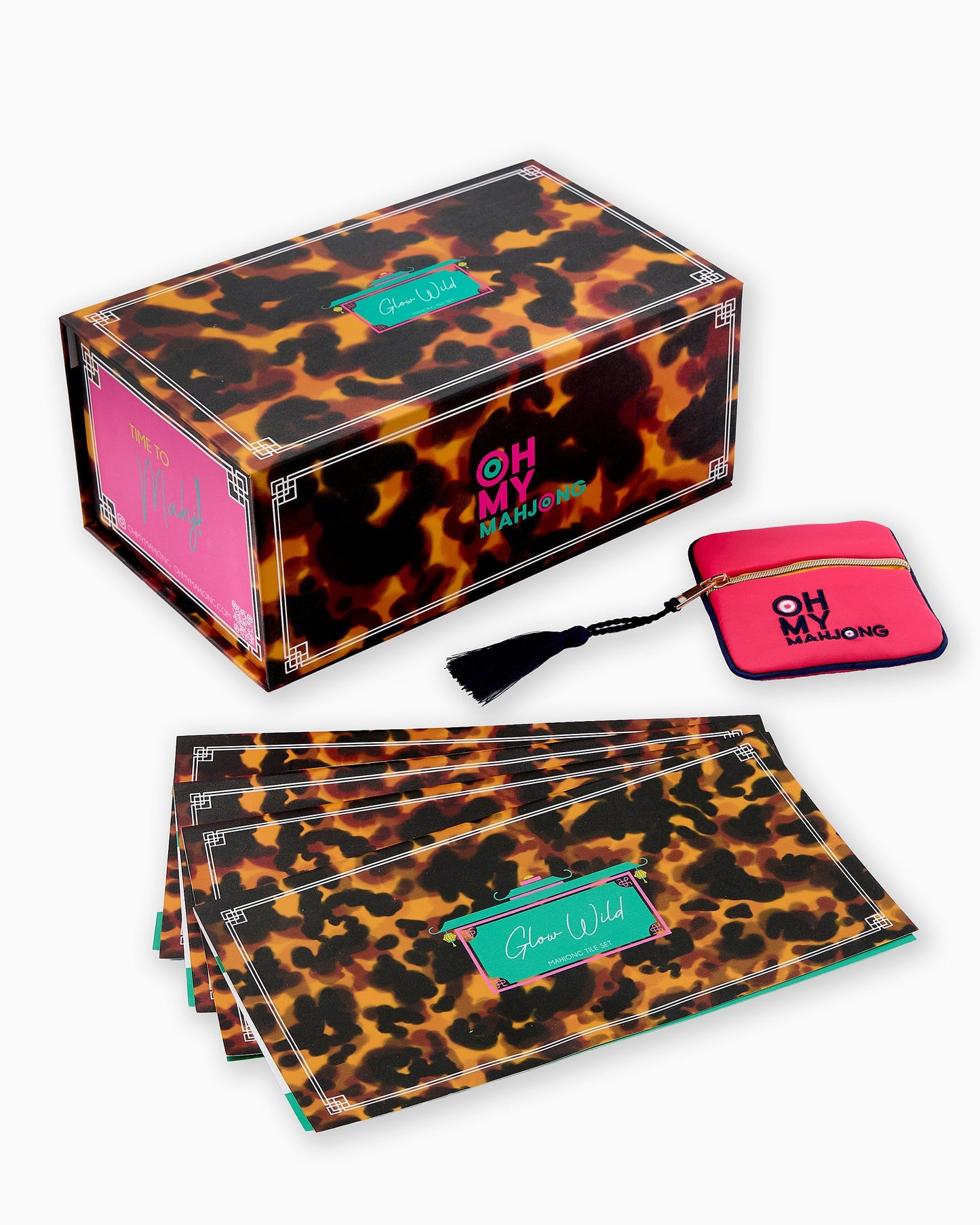 American Mahjong Tile Set Hot Pink Teal and Tortoiseshell Inspired Design for Game Nights 160 Piece Acrylic Set