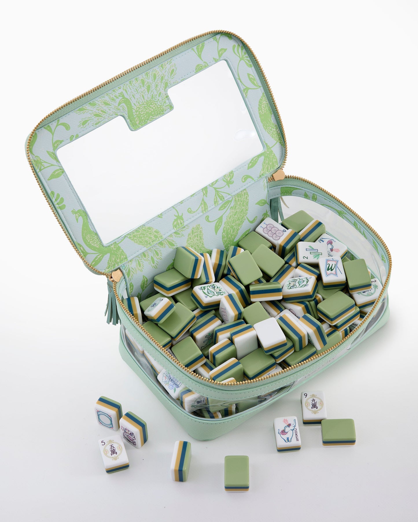 American Mahjong Tile Set Muted Green Blue and Gold Nature Design for Game Nights 160 Piece Acrylic Set