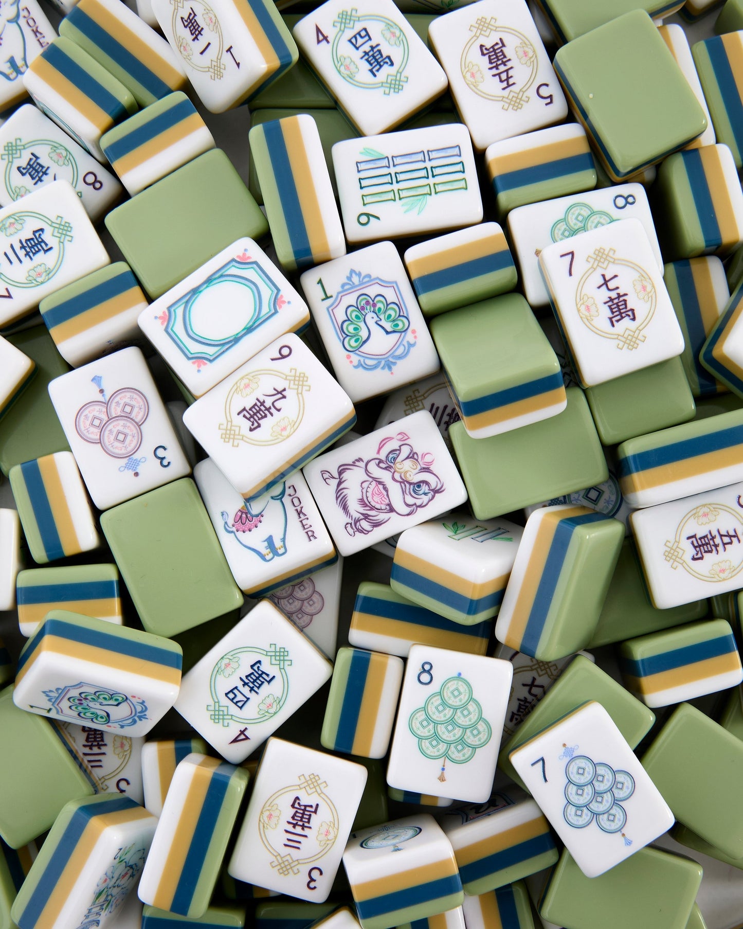 American Mahjong Tile Set Muted Green Blue and Gold Nature Design for Game Nights 160 Piece Acrylic Set