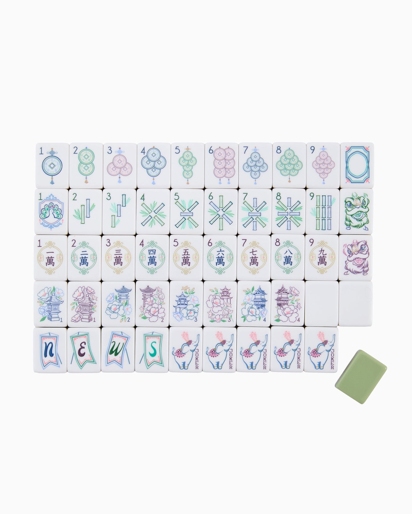 American Mahjong Tile Set Muted Green Blue and Gold Nature Design for Game Nights 160 Piece Acrylic Set