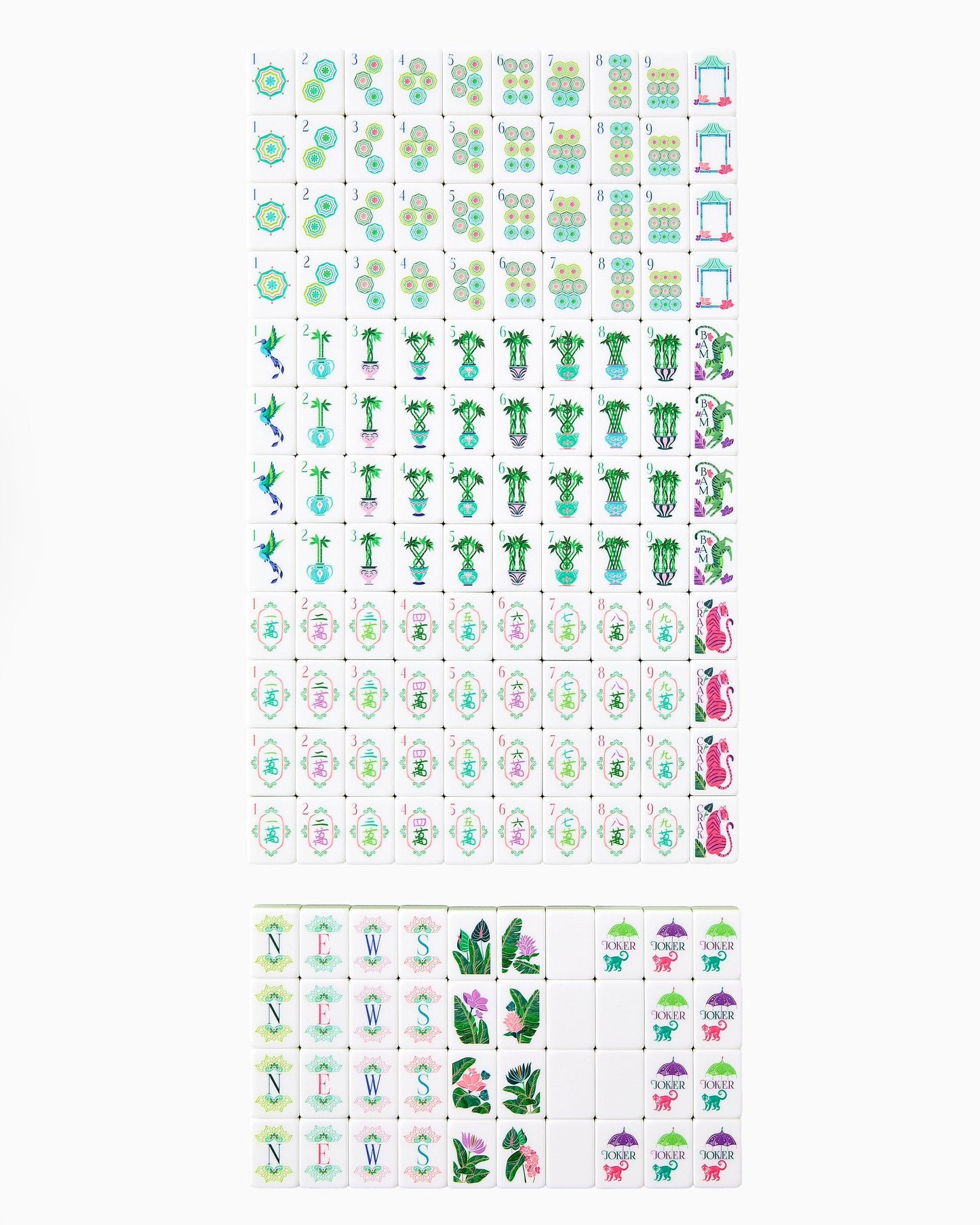 American Mahjong Tile Set Tropical Palm Green Pink and Aqua Design for Game Nights 160 Piece Acrylic Set
