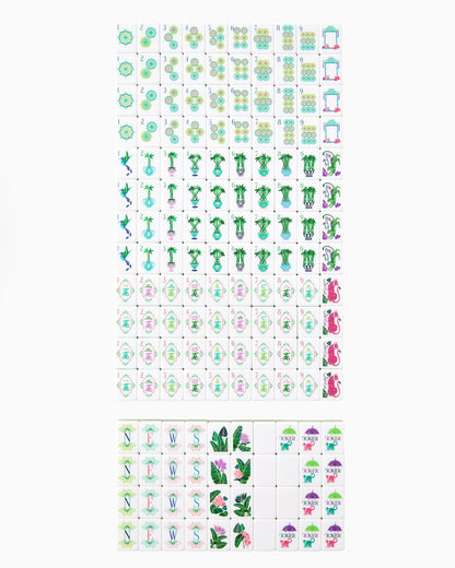 American Mahjong Tile Set Tropical Palm Green Pink and Aqua Design for Game Nights 160 Piece Acrylic Set