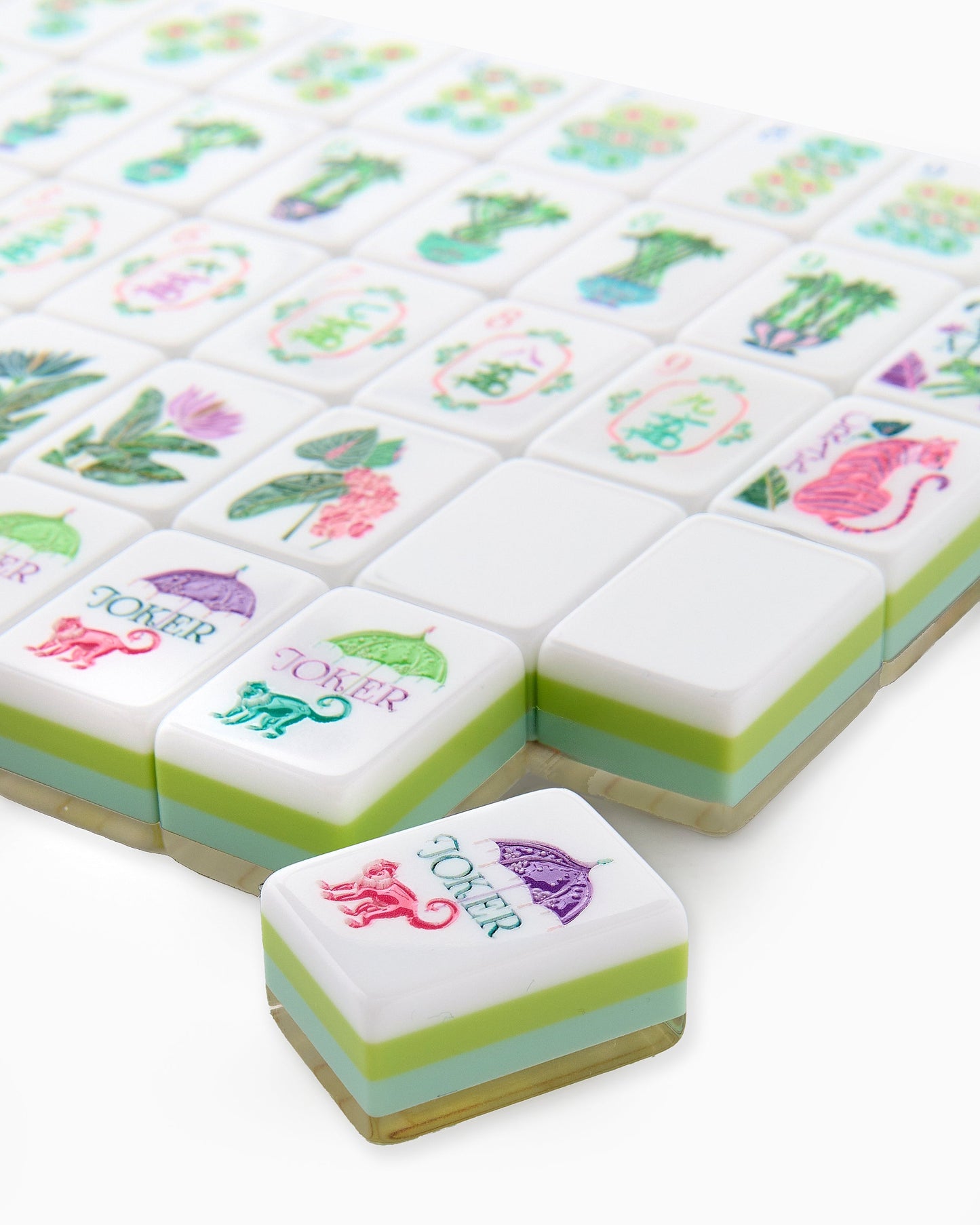 American Mahjong Tile Set Tropical Palm Green Pink and Aqua Design for Game Nights 160 Piece Acrylic Set