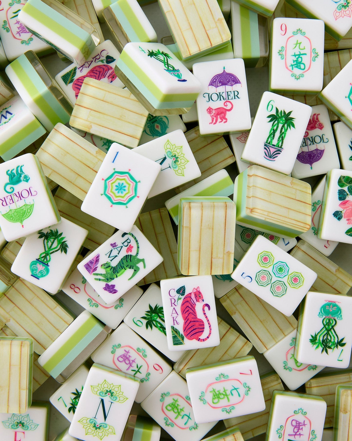 American Mahjong Tile Set Tropical Palm Green Pink and Aqua Design for Game Nights 160 Piece Acrylic Set
