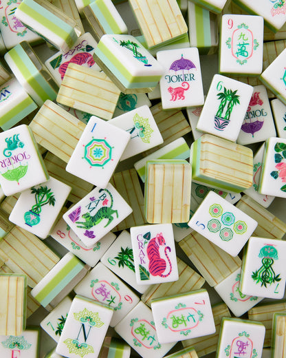 American Mahjong Tile Set Tropical Palm Green Pink and Aqua Design for Game Nights 160 Piece Acrylic Set