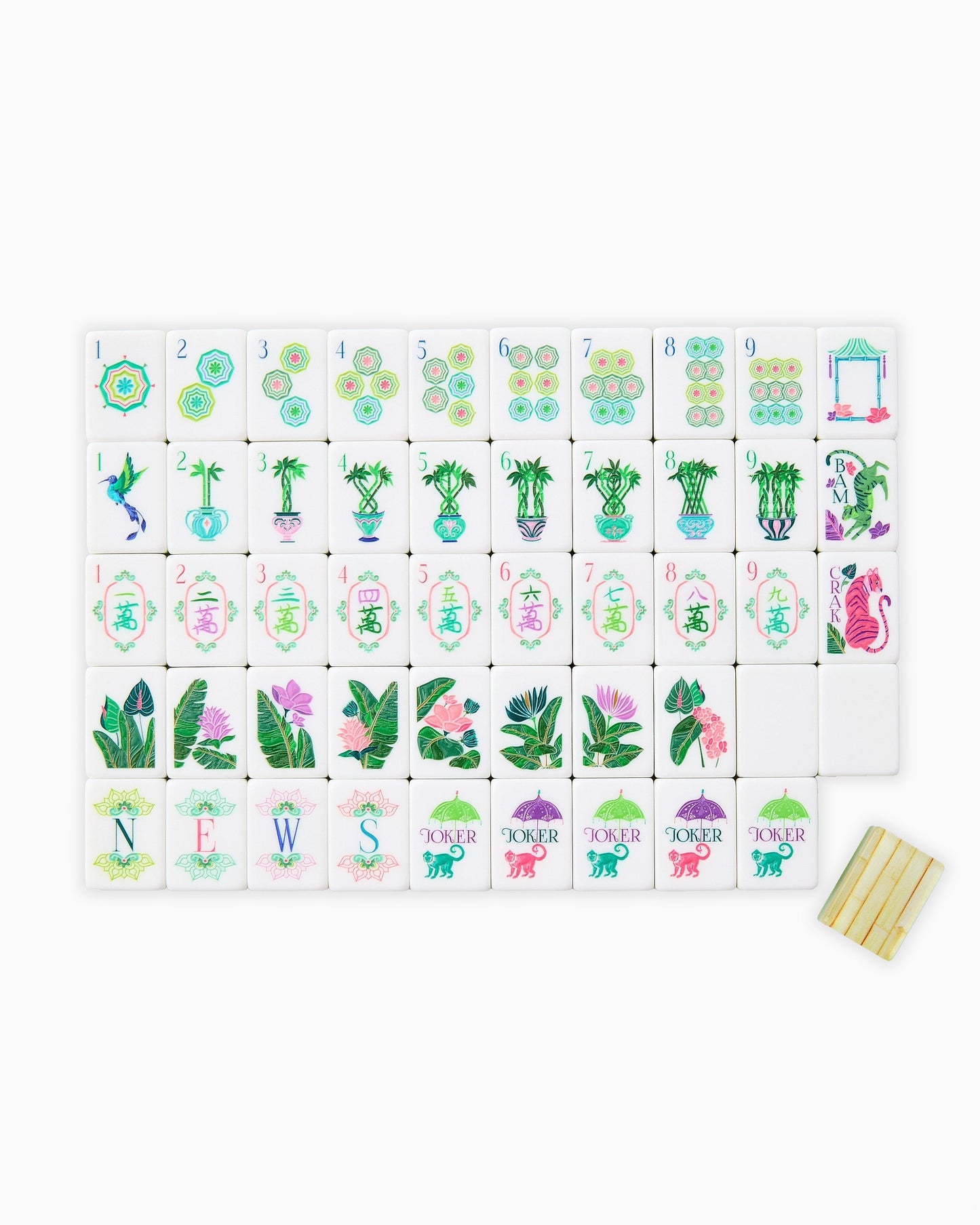 American Mahjong Tile Set Tropical Palm Green Pink and Aqua Design for Game Nights 160 Piece Acrylic Set