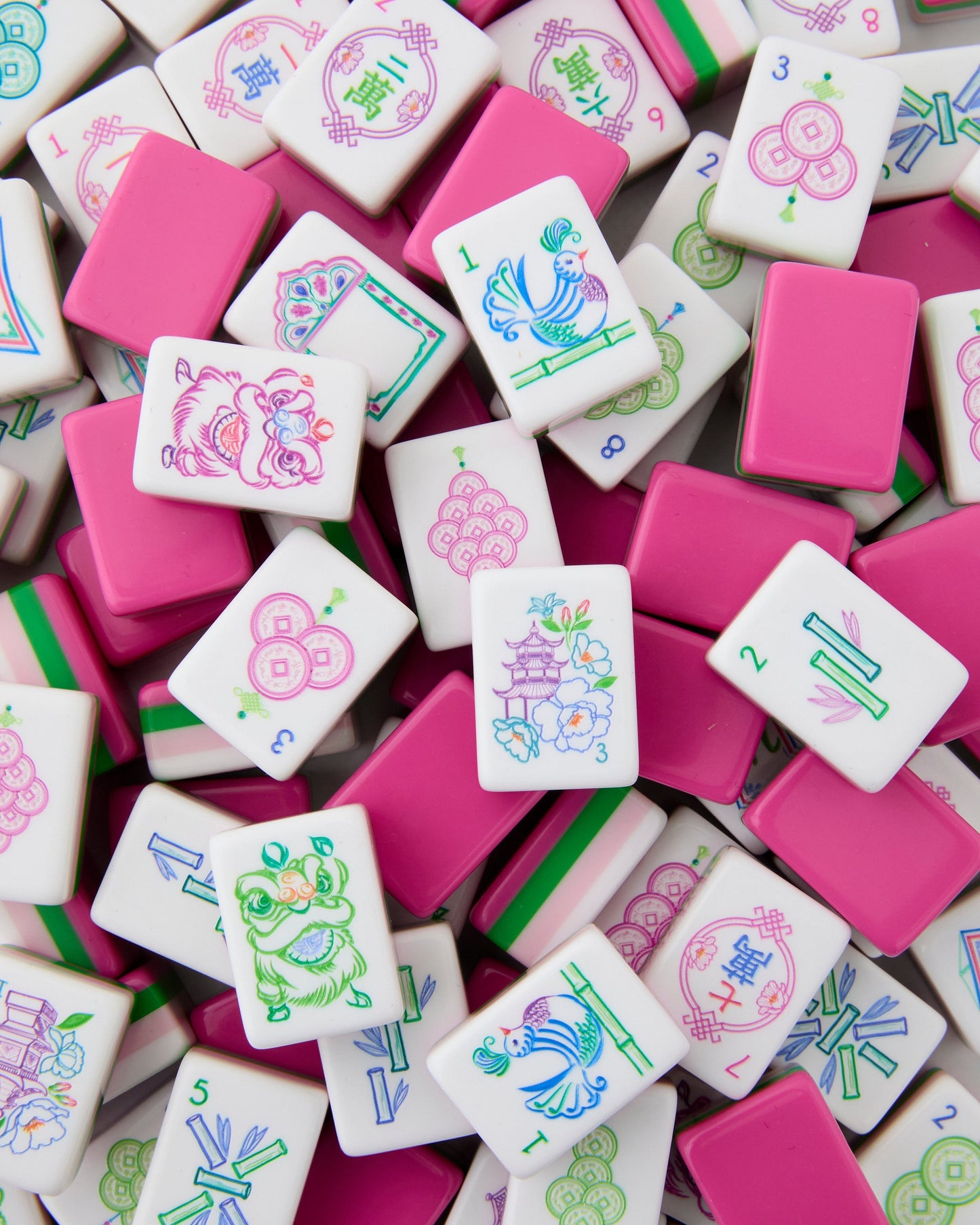 American Mahjong Tile Set Pink and Green Garden Floral Design for Game Nights 160 Piece Acrylic Set