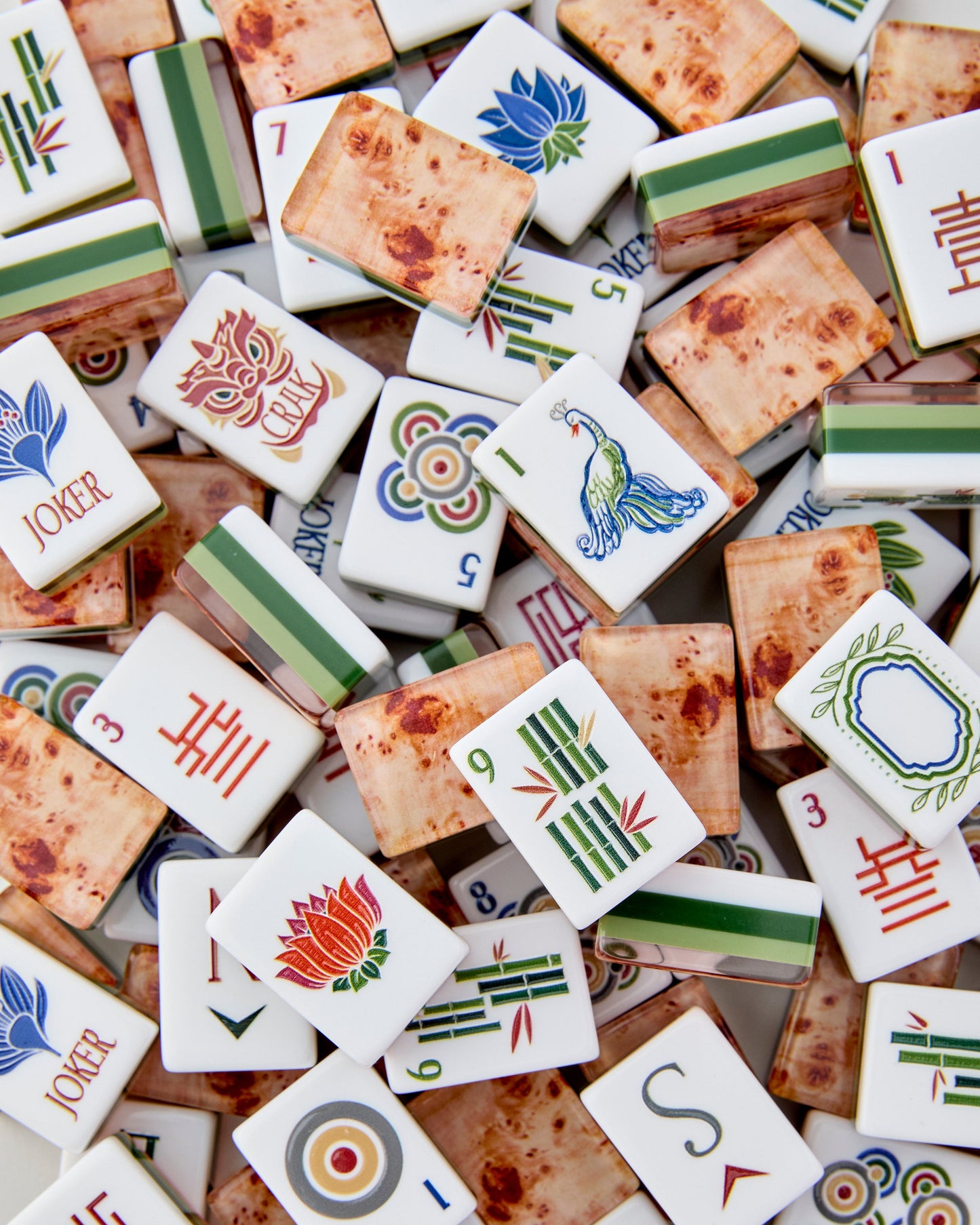 American Mahjong Tile Set Sage and Olive Burl Wood Pattern Design for Game Nights 160 Piece Acrylic Set