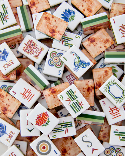 American Mahjong Tile Set Sage and Olive Burl Wood Pattern Design for Game Nights 160 Piece Acrylic Set