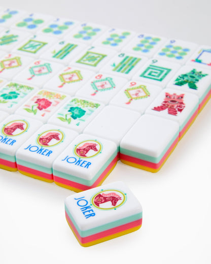 American Mahjong Tile Set Bright Yellow Coral and Turquoise Floral Design for Game Nights 160 Piece Acrylic Set