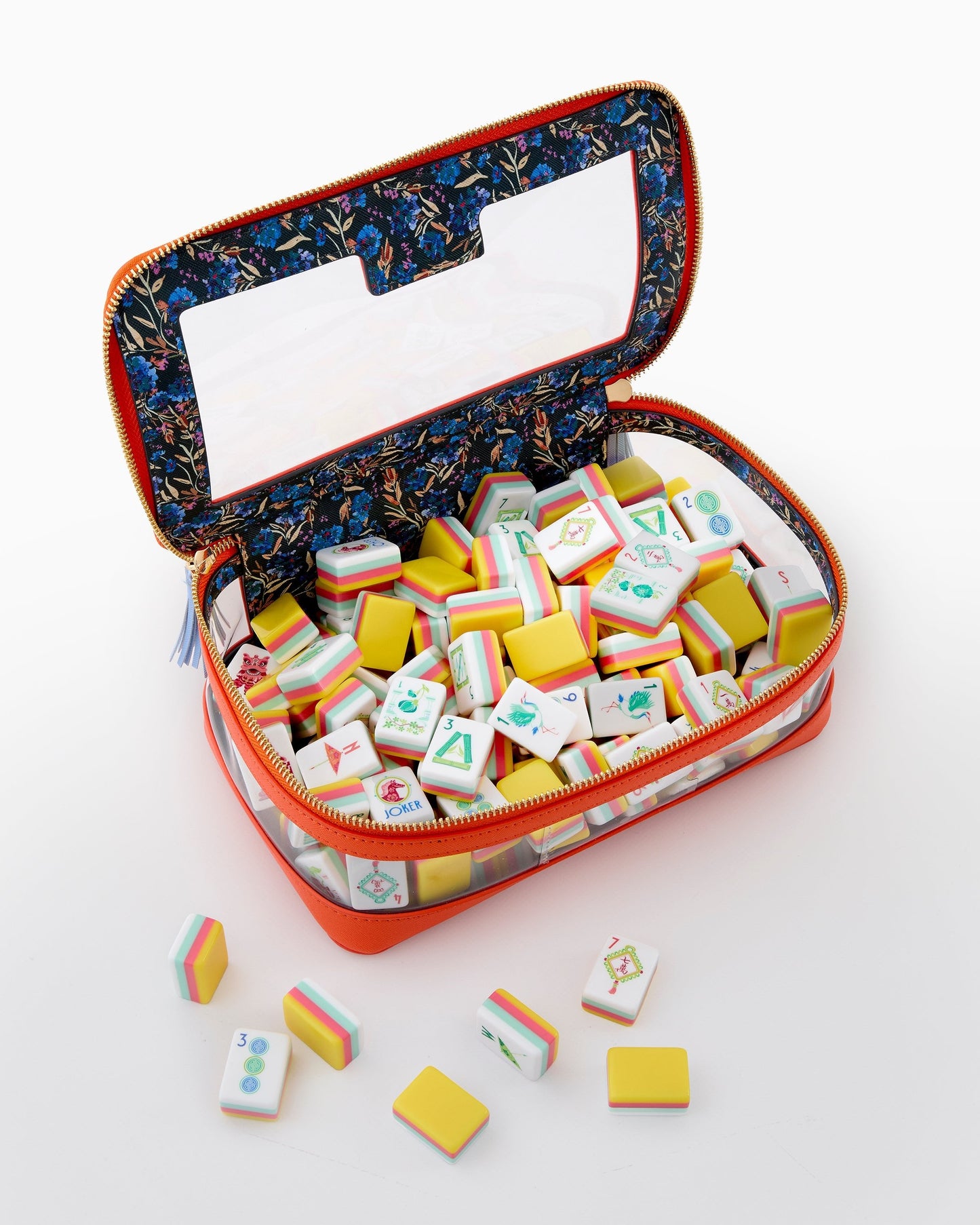 American Mahjong Tile Set Bright Yellow Coral and Turquoise Floral Design for Game Nights 160 Piece Acrylic Set