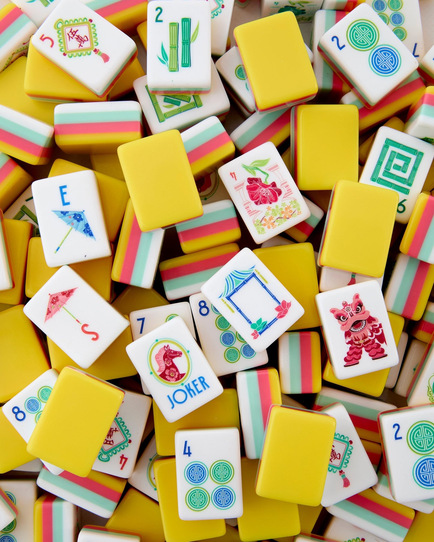 American Mahjong Tile Set Bright Yellow Coral and Turquoise Floral Design for Game Nights 160 Piece Acrylic Set