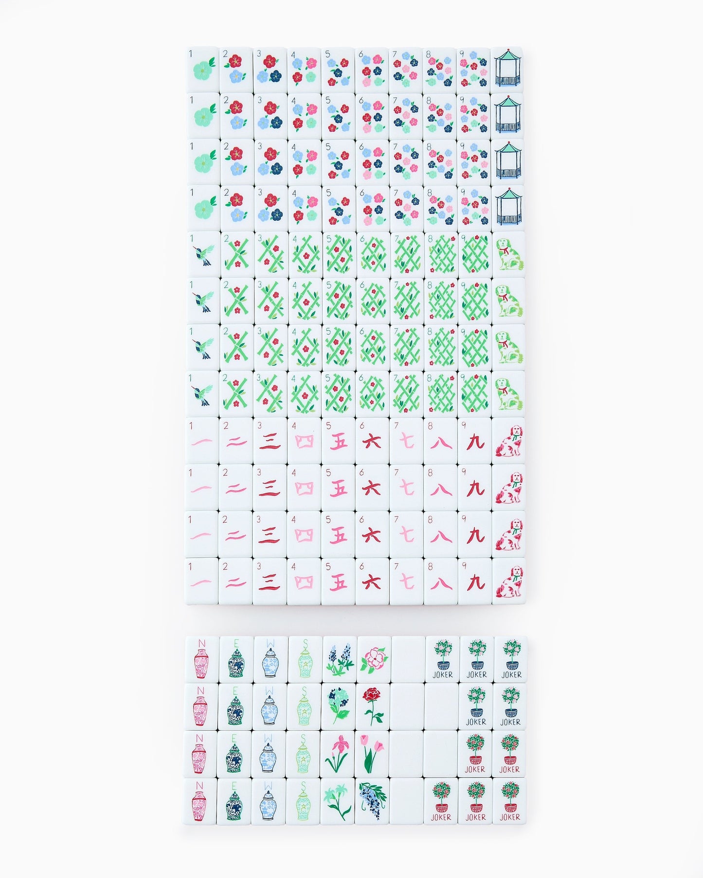 American Mahjong Tile Set Red Green and Blue Coastal Garden Design for Game Nights 160 Piece Acrylic Set