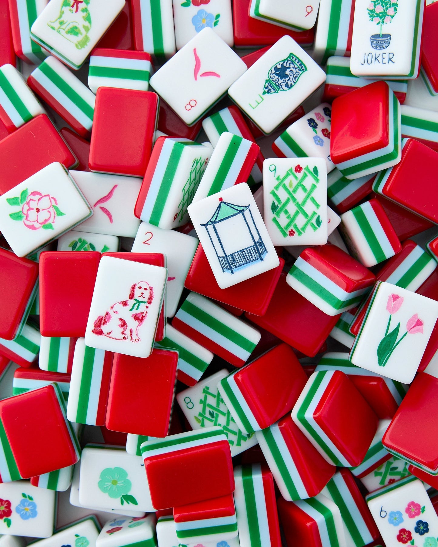 American Mahjong Tile Set Red Green and Blue Coastal Garden Design for Game Nights 160 Piece Acrylic Set