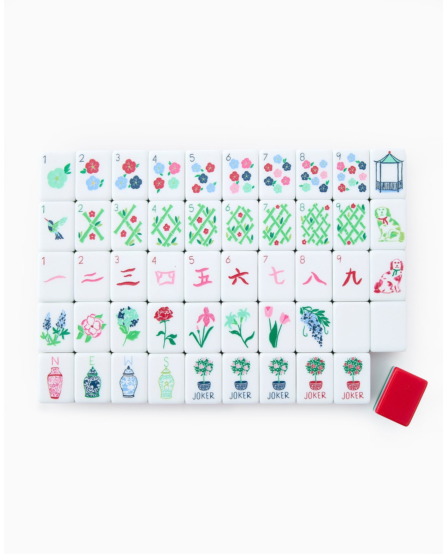 American Mahjong Tile Set Red Green and Blue Coastal Garden Design for Game Nights 160 Piece Acrylic Set