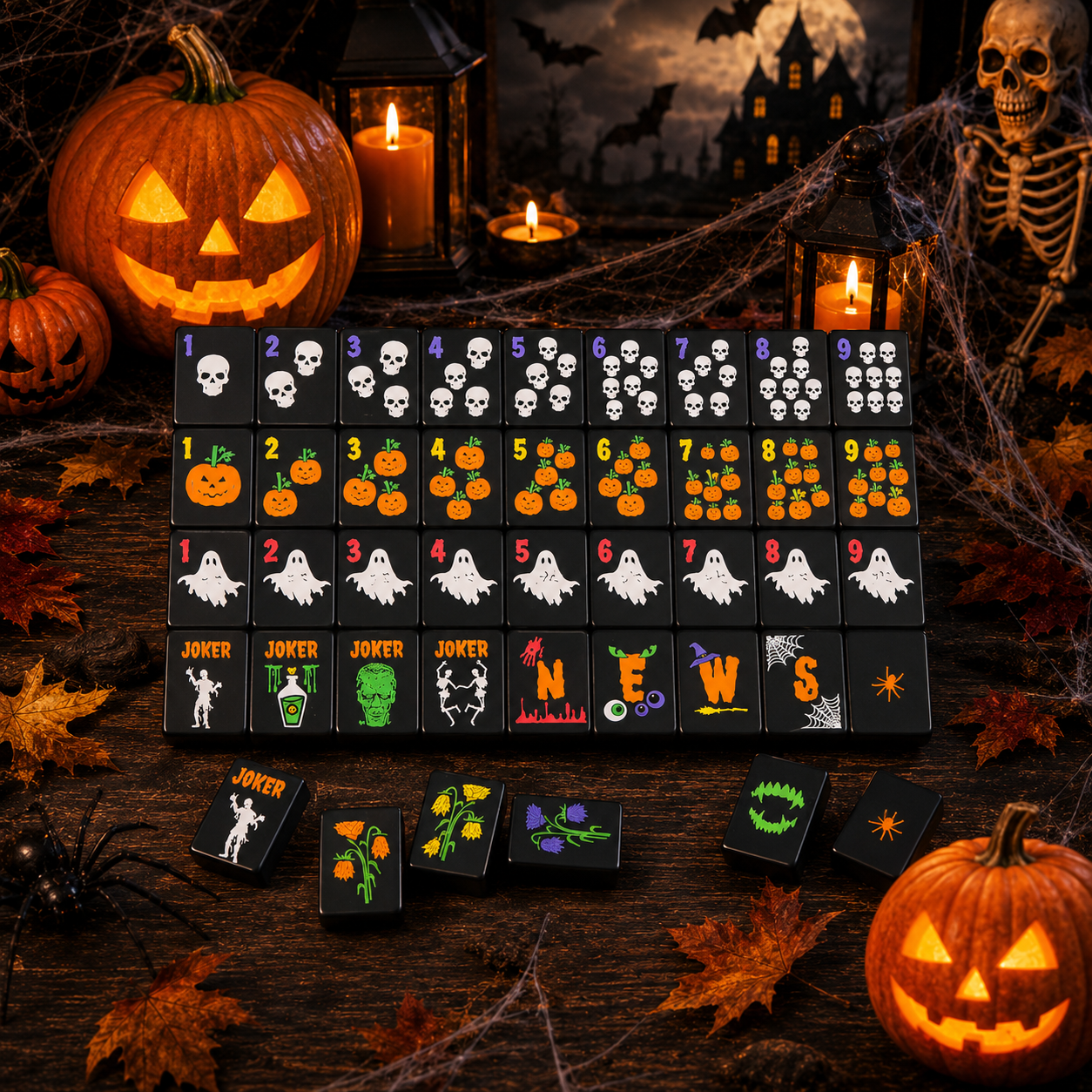 American Mahjong Tile Set Black Halloween Design for Game Nights Double Sided Engraved Acrylic Tiles