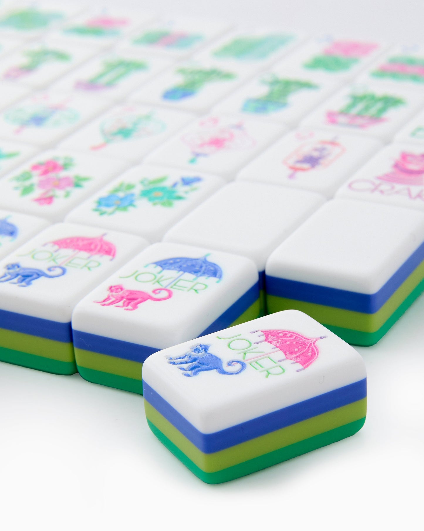 American Mahjong Tile Set Blue Lime and Green Floral Nature Design for Game Nights 160 Piece Acrylic Set