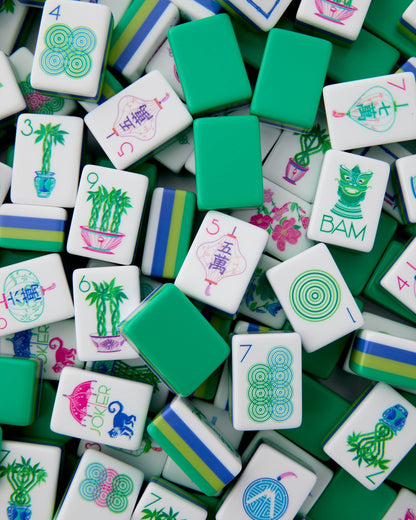American Mahjong Tile Set Blue Lime and Green Floral Nature Design for Game Nights 160 Piece Acrylic Set