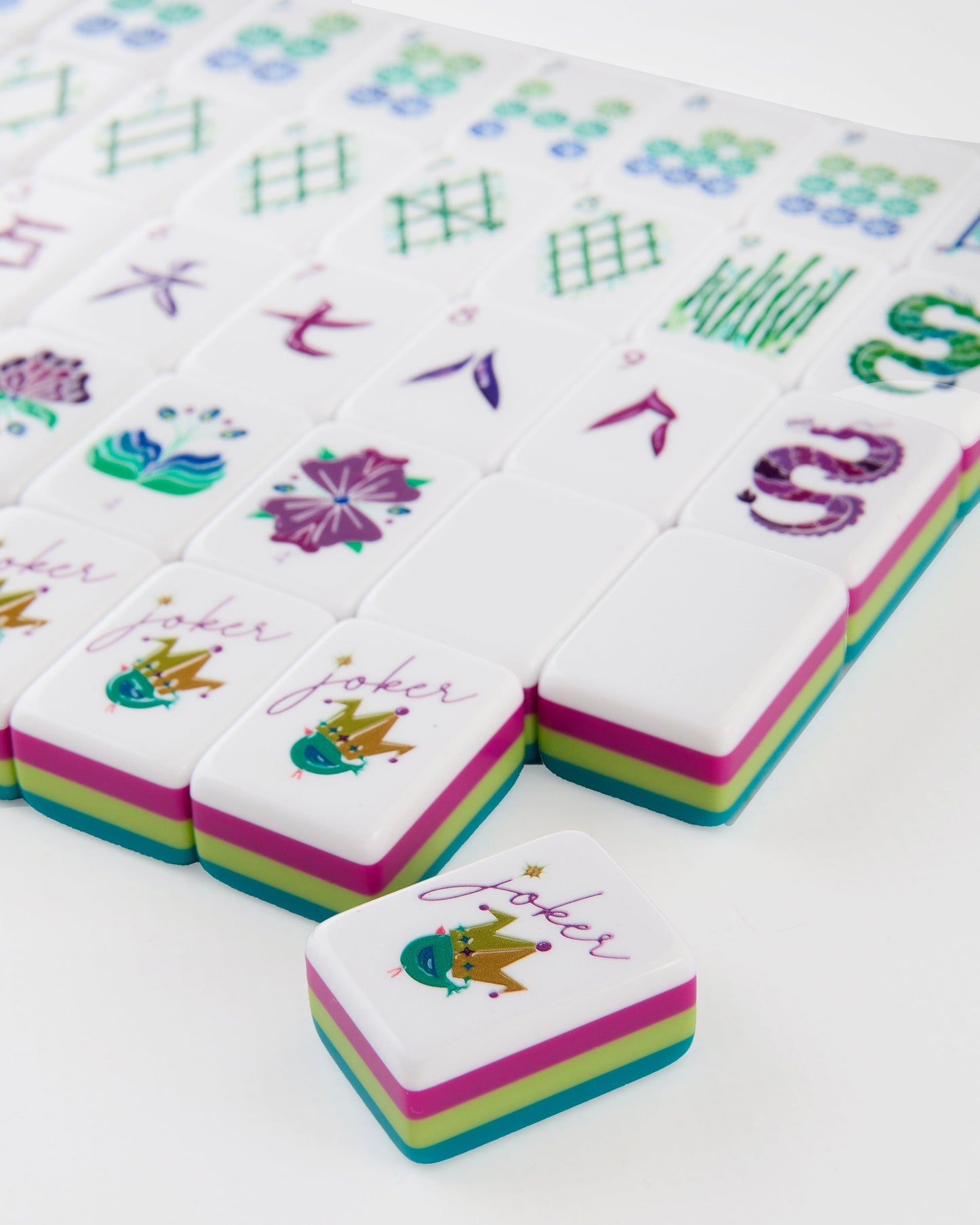 American Mahjong Tile Set Teal Citron and Magenta Water Design for Game Nights Triple Layered 160 Piece Acrylic Set