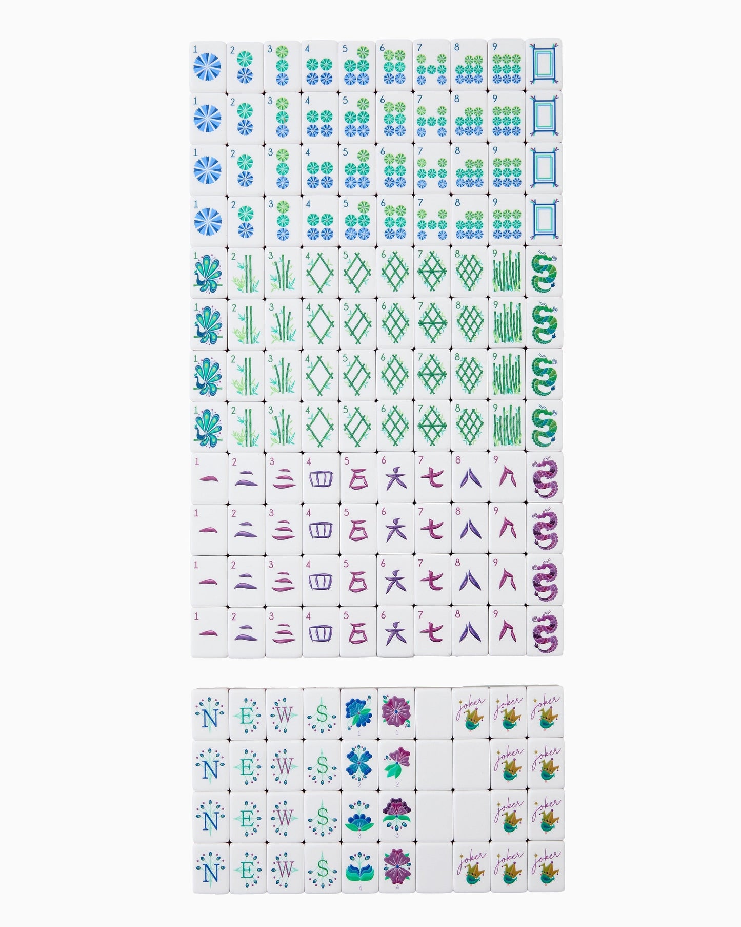 American Mahjong Tile Set Teal Citron and Magenta Water Design for Game Nights Triple Layered 160 Piece Acrylic Set