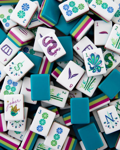 American Mahjong Tile Set Teal Citron and Magenta Water Design for Game Nights Triple Layered 160 Piece Acrylic Set