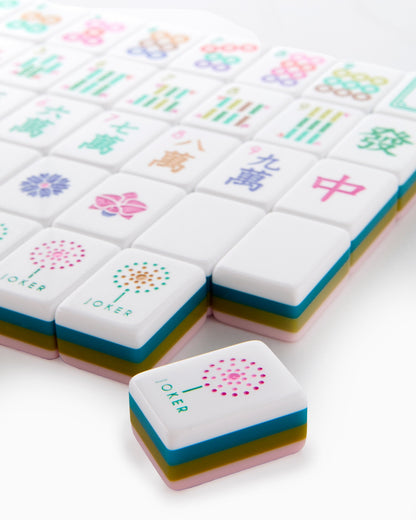 American Mahjong Tile Set Olive Pink and Teal Celebration Design for Game Nights 160 Piece Acrylic Set