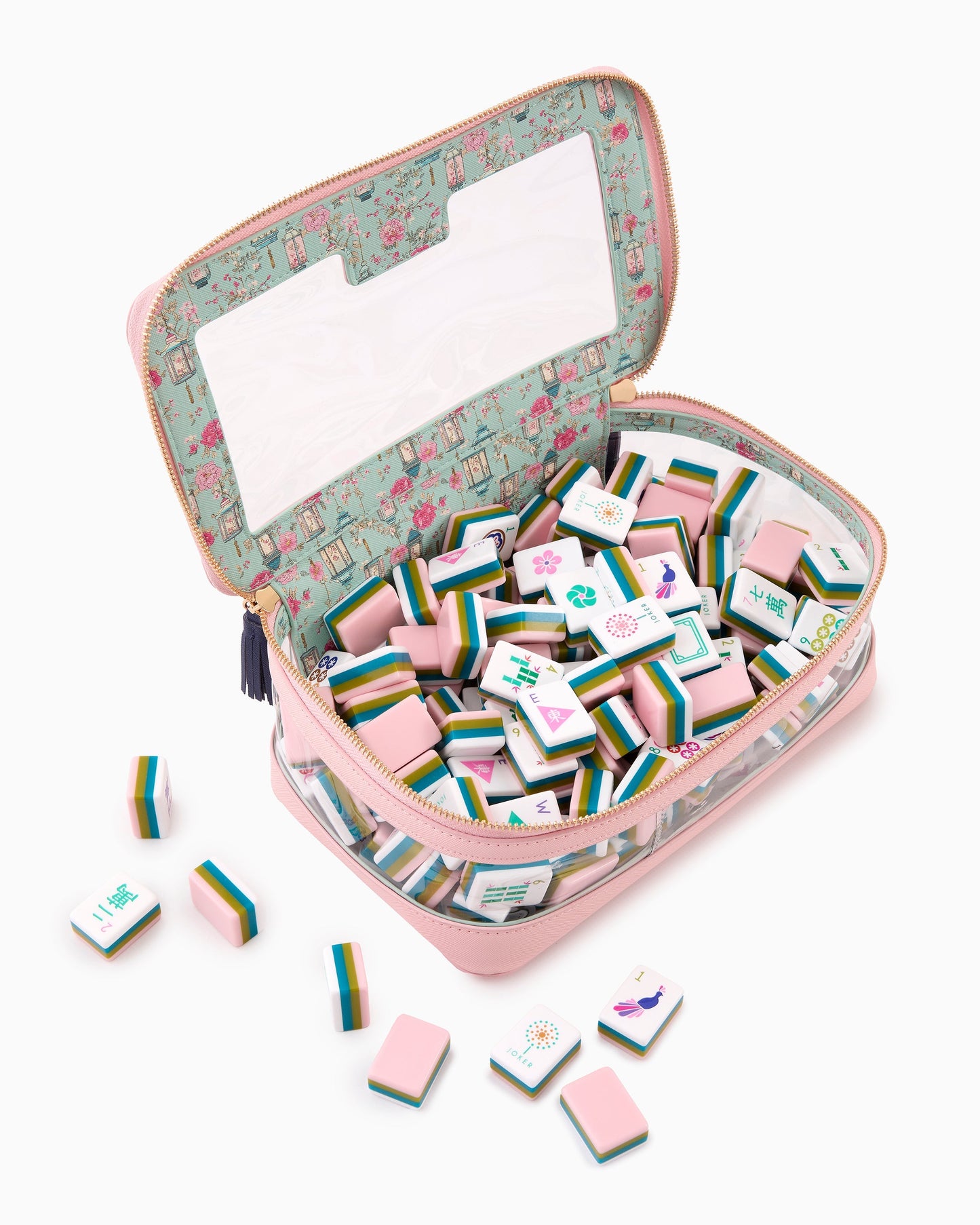 American Mahjong Tile Set Olive Pink and Teal Celebration Design for Game Nights 160 Piece Acrylic Set