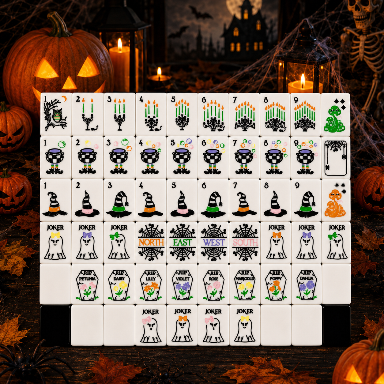 American Mahjong Tile Set Halloween Design for Holiday Game Nights 160 Piece Carved Acrylic Set