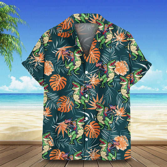 Riding Dinosaur Hawaiian Shirt Campaign Aloha Pattern Shirt Gift For Son