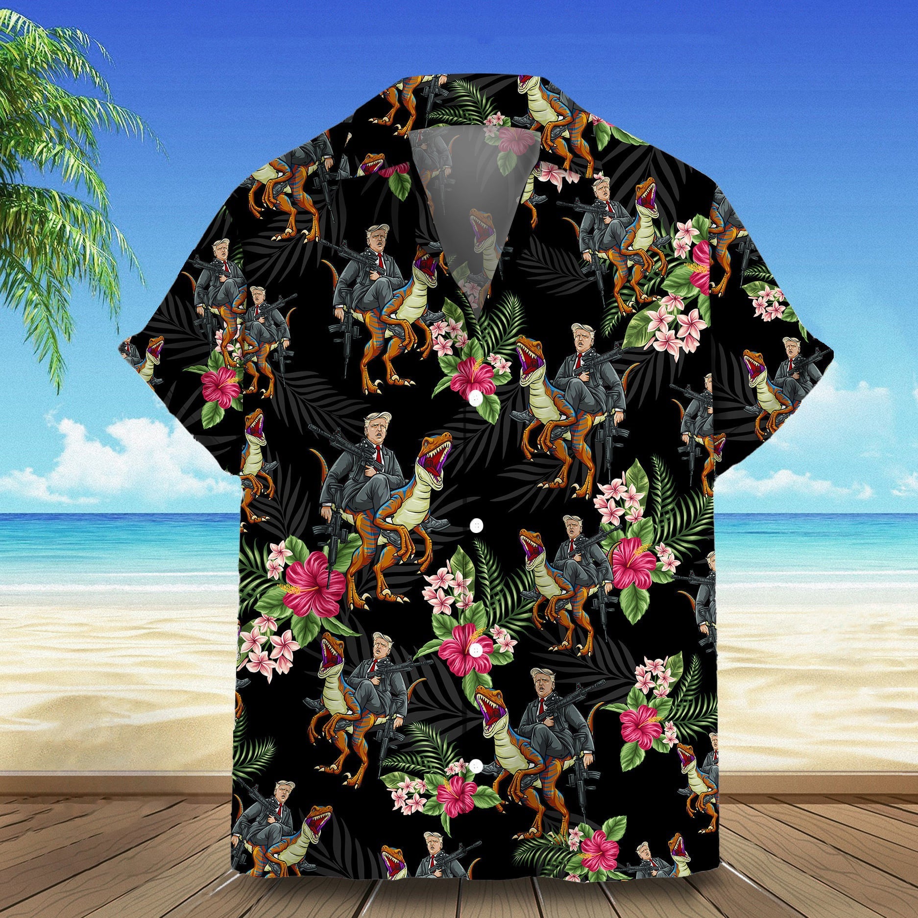 2026 Hawaiian Shirt Riding Dinosaur Summer Button Ups Gift For Patriots
