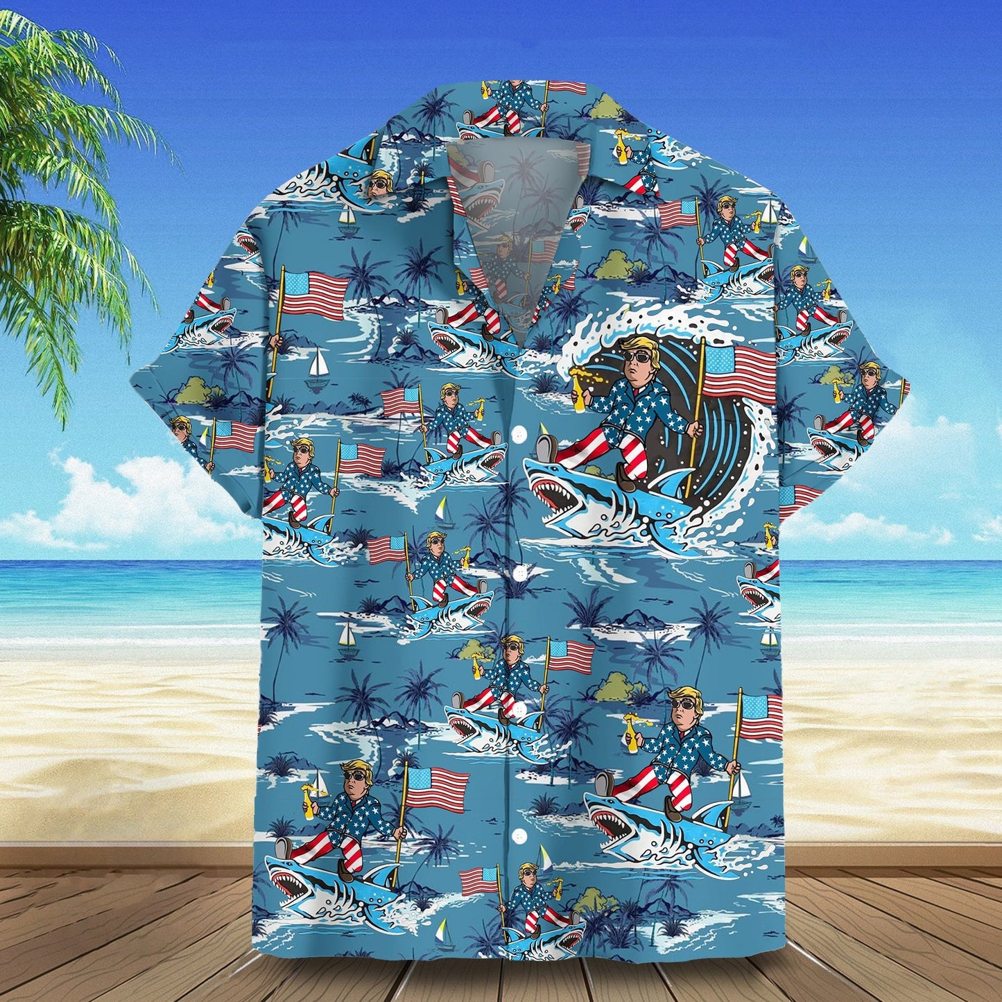 Riding Shark Hawaiian Shirt Pro Men's Tropical Button Down Shirts Gift For Dad