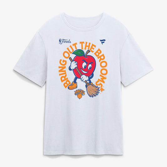 Unisex New York Knicks White Avenue Sweepers Bring Out The Brooms Graphic Shirt for Basketball Fans