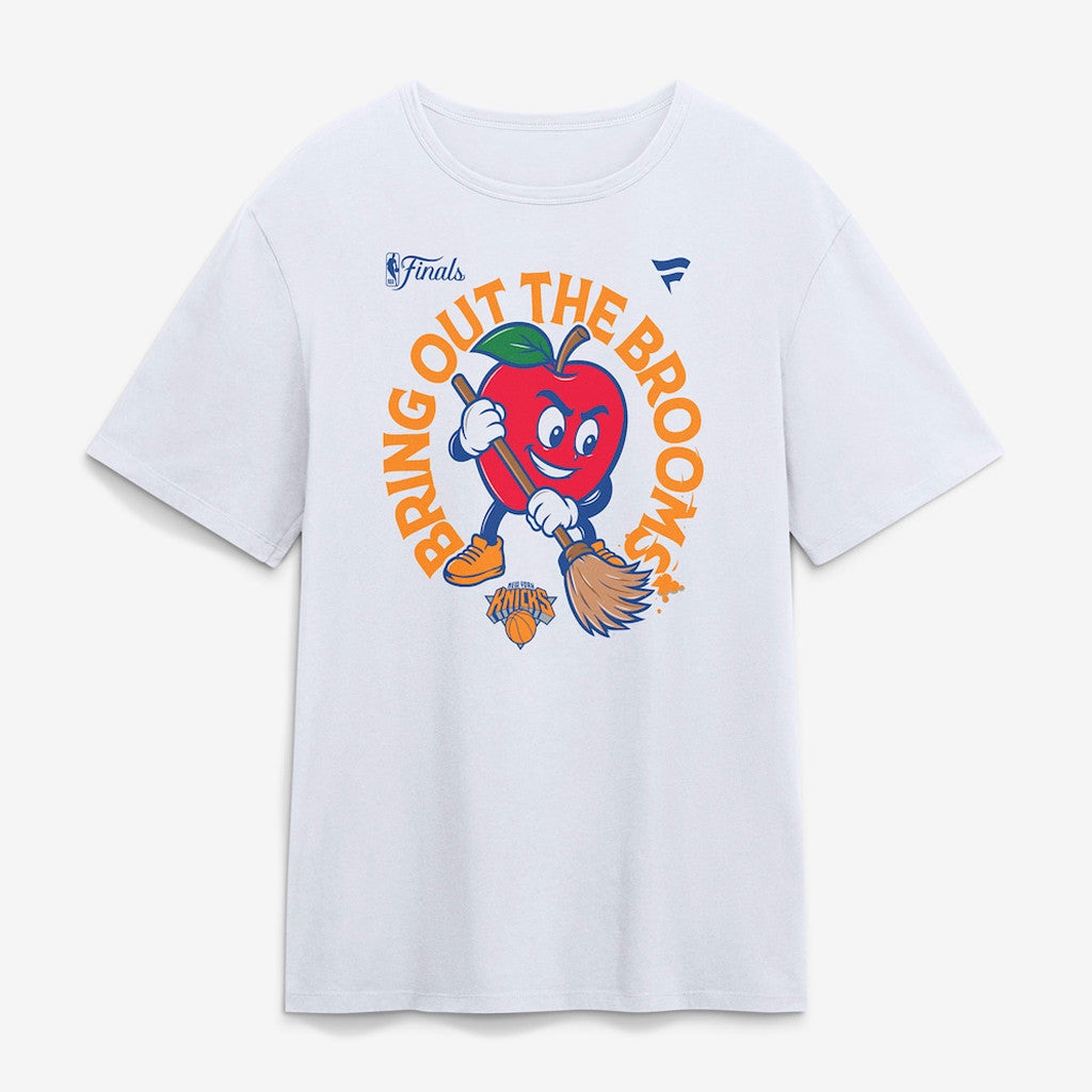 Unisex New York Knicks White Avenue Sweepers Bring Out The Brooms Graphic Shirt for Basketball Fans