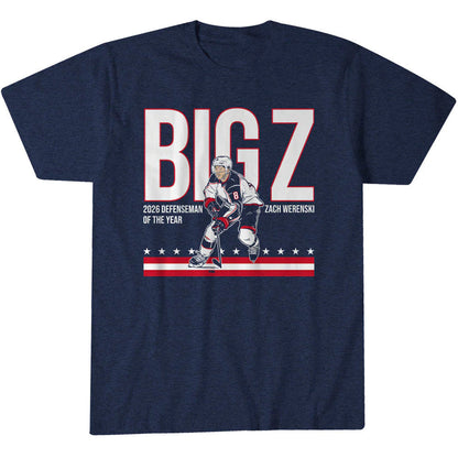 Unisex Columbus Blue Jackets Zach Werenski Big Z 2026 Defenseman Of The Year Graphic Shirt for Hockey Fans